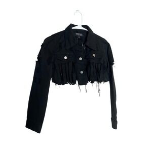 NWT Thrill Cropped Womens Denim Jacket Sz S Destroyed Distressed Rocker 90's
